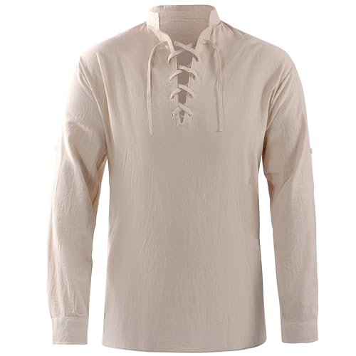 Men's Renaissance Costume Pure Cotton Retro Lace Up Shirts for Pirate Viking Medieval (Khaki, X-Large)