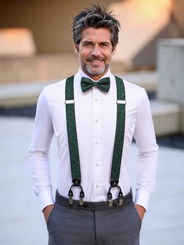 Image of Hi-Tie Dark Green Floral Suspender and Bow Tie for Men Adjustable Y Shape Strong Clips Braces Matching Pre-Tied Bow Tie Set for Daily Dress