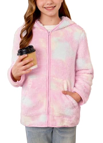 Winter Girl Casual Solf Hoodies Long Sleeve Fleece Sherpa Zipper Up Fuzzy Jacket Multicolor Tie Dye 9-10 Years