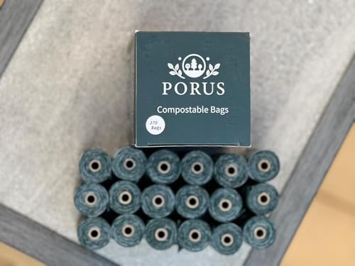 Image of Porus 100% certified home compostable pet waste bags - ASTM D6400 EN13432 & TUV Austria Home compostable compliant. Extra large dog poop bags rolls for dogs of every size [18 rolls /box =270 bags].
