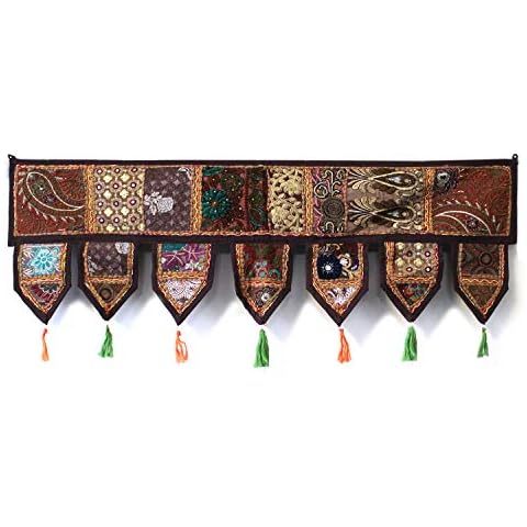 INDIAN CRAFT CASTLE Cotton Vintage Patchwork Door Hanging Valance Window Hand Embroidered Toran Bohemian Decor Living Room Wall Home Handmade Thoranam Bandanwar Decorations (Brown, 1 Meter) Cover