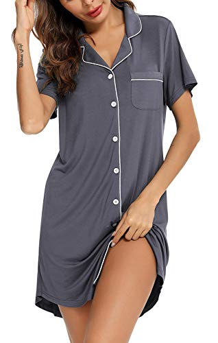 Image of Samring Pajama Nightgown for Women Short Sleeve Button Down Boyfriend Night Gown Nightdress Sleep Shirts