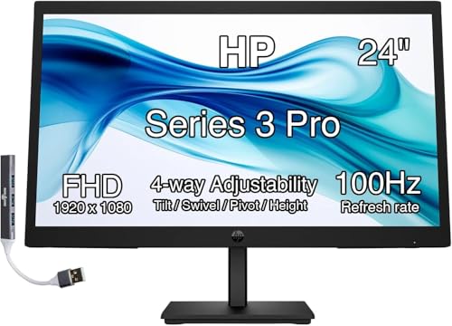 Image of HP Series 3 Pro 24 inch 100Hz FHD IPS Monitor with Adjustable Tilt /Swivel /Pivot /Height, VESA Mount (100mm), VGA, Displayport，HDMI w /DKZ USB Port Expander