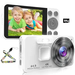 Digital Camera Kids UHD 4K: 64GB Point and Shoot Cameras with 64MP 18X Zoom - Compact Vintage Camera for Boys Girls Teens Beginners, Portable Pocket Vlogging Photography Cameras, White
