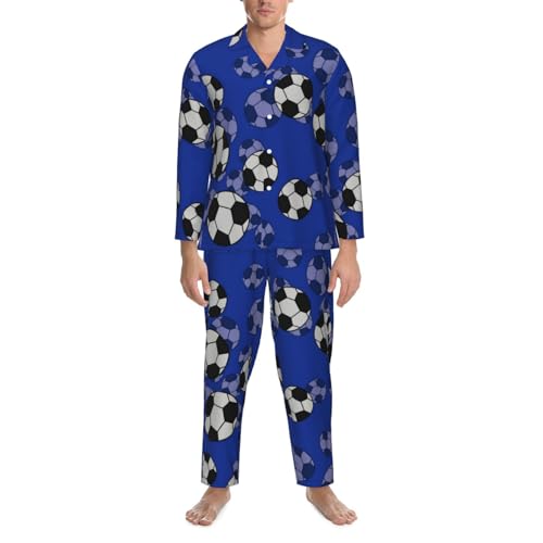 Football Pattern Mens Pajamas Set Button Down Sleepwear Set Long Sleeve Loungewear With Pockets