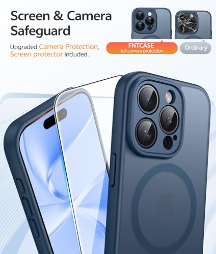 Image of FNTCASE for iPhone 15 Pro Max Case: [Compatible with Magsafe] Translucent Matte Cases with [Full Camera Protection] [Screen Protector] Military Grade Shockproof Protective Phone Cover - Blue