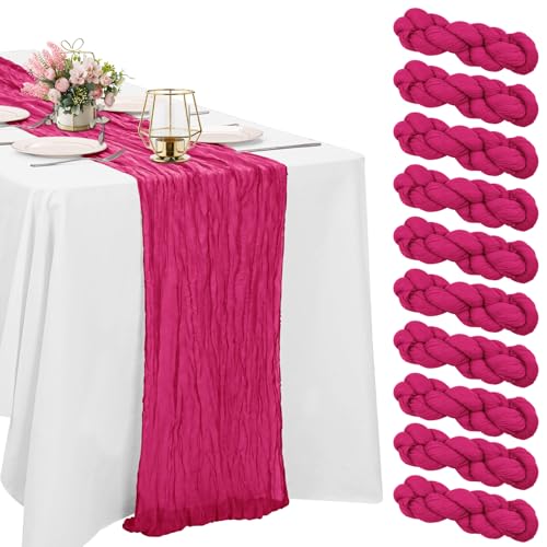 HAISIWLKJ 10 Pack Cheesecloth Table Runner 10FT Boho Gauze Rustic Fabric Table Runner Vintage Sheer Tablecloth for Wedding Party Bridal Baby Shower Decorations (Fushia)
