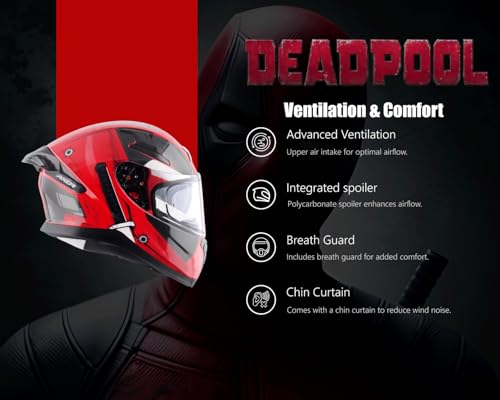 Image of Axor Apex Marvel Deadpool ISI ECE DOT Certified Full Face Dual Visor Helmet for Men and Women Dual EPS Protection with Pinlock Fitted Outer Clear Visor and Inner Smoke Sun Visor Red Black-L
