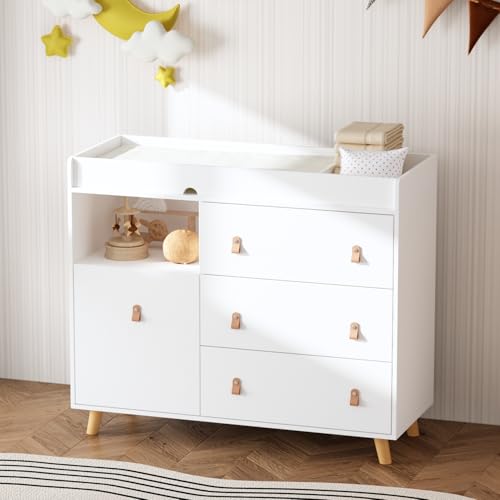 ROMSHINE Baby Dresser with Changing Table Top, 4 Drawers Nursery Dresser with Removable Guard,...