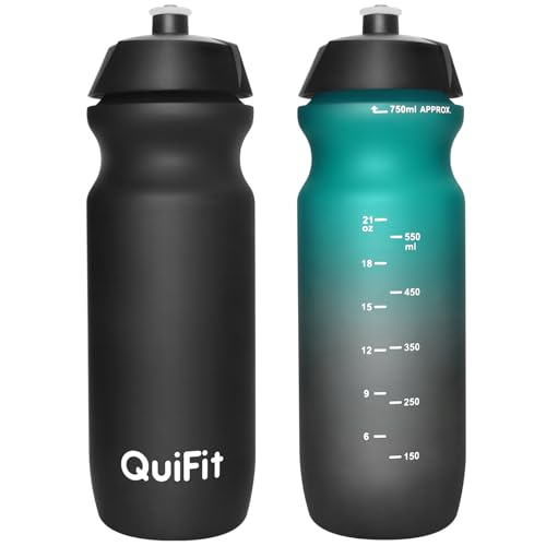 QuiFit Trinkflasche Fahrrad 750 ml, Fitnessflasche Sport Leichtgewicht 2er Pack, mit Kapazitätsskala Passend für die meisten Fahrradkäfige für Reiten, Fahrrad, Fitness (Black+Green Black(2pcs), 750ml)