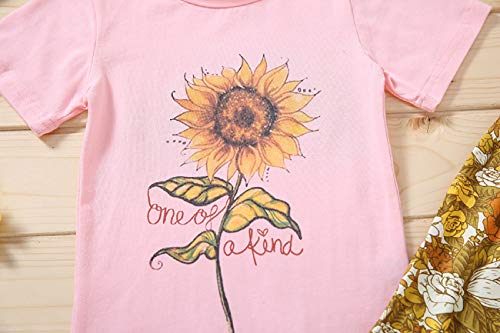 Toddler Girl Outfits Letter Short Sleeve T-Shirt Top Floral Bell Bottom Pants Girls Summer Clothes (Pink, 5-6 Years)