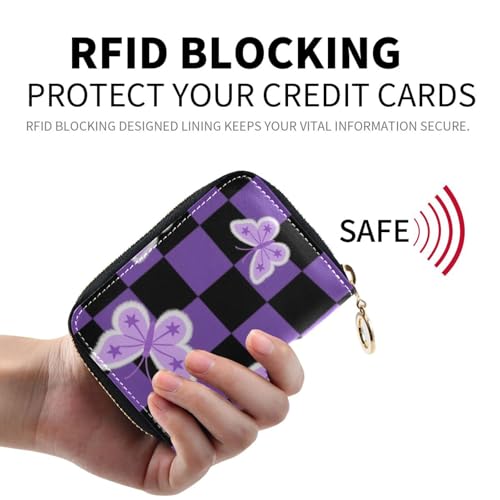 Butterflies Black Purple Checkered Pattern leather small credit card wallet With 2 cash slot RFID Blocking credit card holders with zipper2