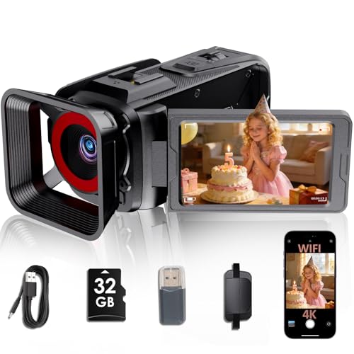 RAZPLYN 4K Video Camera Camcorder, 64MP with 3” 270° Flip Screen, 18X Zoom, WiFi and Webcam for...