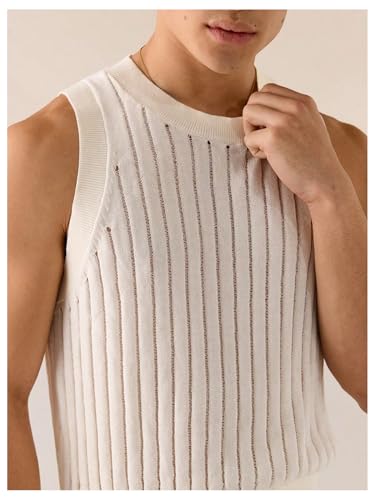 Men's Ribbed Knit Hollow Tight Sweater Vest Crewneck Sleeveless Knitted Tank Top4