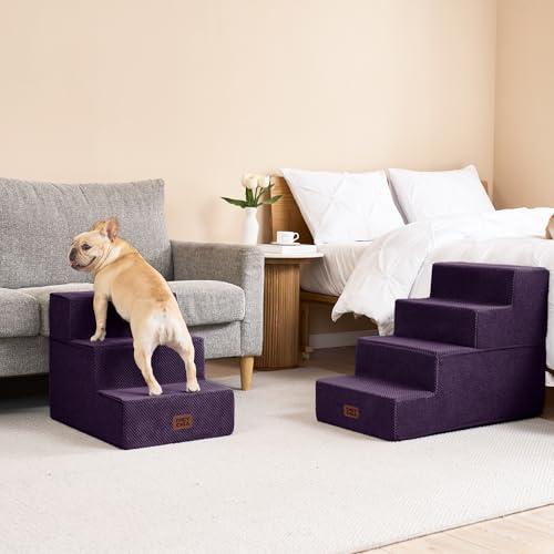 Image of EHEYCIGA Dog Stairs for Bed 20 inch H, 4-Step Extra Wide Dog Steps for High Bed, Pet Steps for Small Dogs and Cats, Non-Slip Balanced Pet Ramp Indoor, Purple