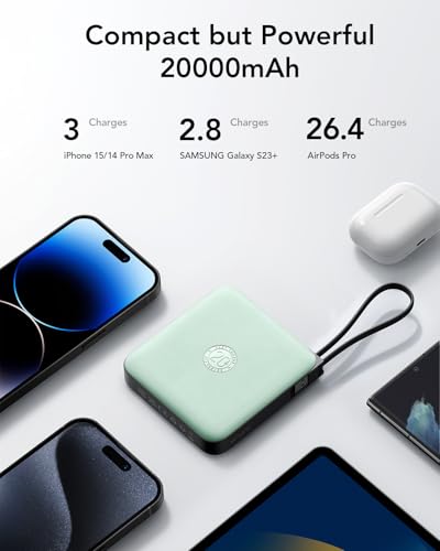 VRURC Powerbank 20000mAh Power Bank mit Kabel Klein USB C 22.5W QC3.0 Schnelles Aufladen Tragbares Ladegerät Externe Handyakkus Klein Aber Stark mit LED-Anzeige für iPhone Huawei Smartphones (Grün) 4