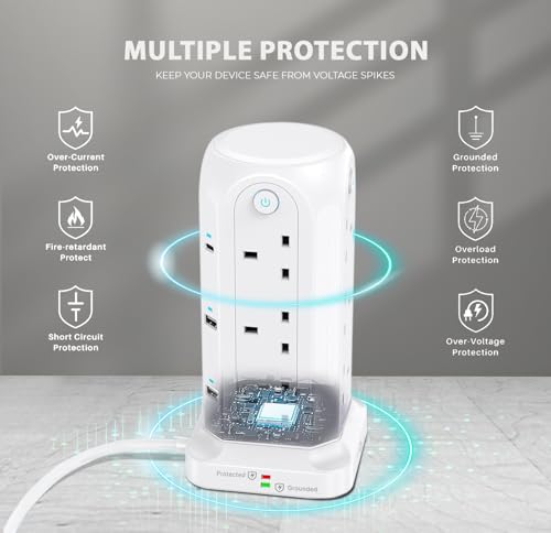 Wolf Power Tower Extension Lead With Usb Slots, 18-IN-1 Surge Protected Lead With 2M Extension Cable, 12 Uk Plug Sockets, 2 USB-C & 4 USB-A Ports, 4 Switches, Ideal For Home, Office & Workshop - 5