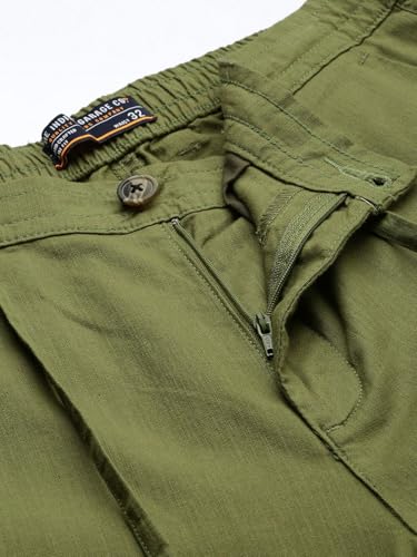 Image of The Indian Garage Co Men Slim Fit Solid Mid-Rise Elasticated Linen Trousers