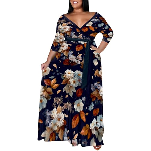 Image of SUZONANA Women's Plus Size Maxi Dresses Casual Loose Short Sleeve Long Maxi Dress with Belt Wedding