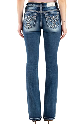 Miss Me Women's Medium Wash Mid-Rise Embroidered Stone And Sequin Bootcut Jeans Dark Blue 25W X 34L #TOP24