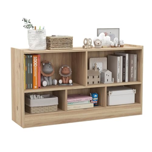 KOMFOTTEU Bibliothèque Ouverte, 5 Casiers de 2 Tailles différentes, Meuble de Rangement en Bois avec Pieds Antidérapants, pour Livres & Jouets, 111 x 30 x...