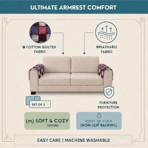 Image of STITCHNEST 'Frostvine Collection' Sofa Armrest Cover | Cotton Quilted Fabric, Washable & Durable for Modern Living (18 x 22 Inches)