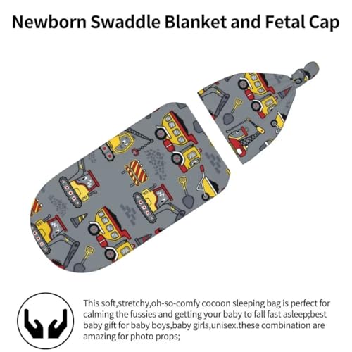 Image of Cute Construction Truck Newborn Swaddling Blanket Beanie Hat Sets Soft Baby Receiving Engineering Vehicle Blanket Soft Sleeping Bag New Born Soft Sleep Sacks for Boys Girls