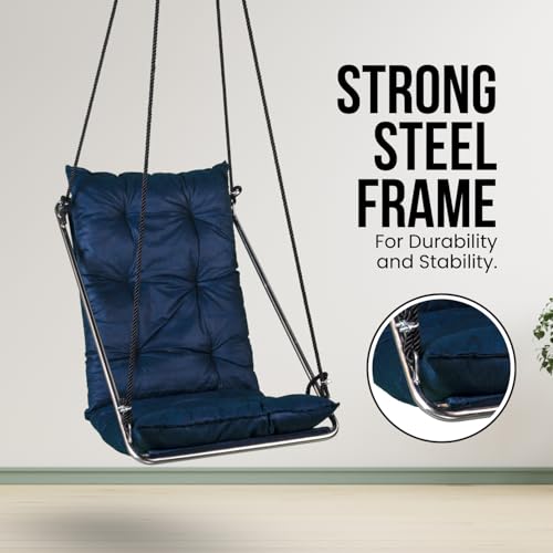 Image of Premium Hanging Swing Chair for Adults | Luxury Cotton Hammock Swing with Stainless Steel Frame for Balcony, Garden & Indoor Living Room | Heavy Duty Outdoor Patio Swing by Curio Centre (Blue)