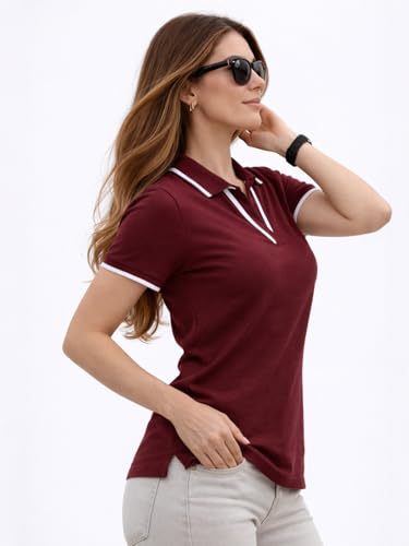 Image of JUNEBERRY Women's Regular Fit Lycra Polo T-Shirt withV- Neck Plain Contrast Piping Collar, Short Sleeves, Soft Fabric for Everyday Comfort (Sizes S to 2XL)