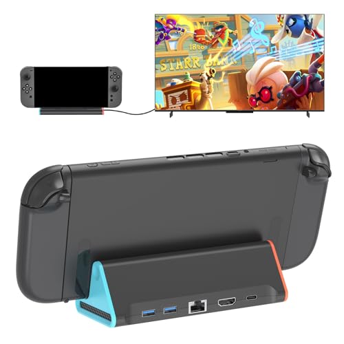 Switch 2用ドック【2025年新登場-5in1多機能】スイッチ 2ドック テレビ接続出力 有線LAN付き Switch 2用充電スタンド 1000Mbs LANポート/4K@60Hz HDMI変換/TVモード/USB-C/2xUSB3.0マルチポートを搭載 switch 2用 テレビ出力 軽量化 TVモード/充電モード 遅延なし 持ち運び便利 スイッチ 2ドック替換 (5-IN-1)