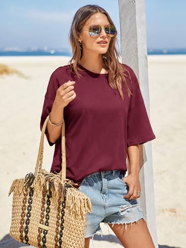 Image of Tankaneo Womens Oversized Tshirts Summer Casual Short Sleeve Crew Neck T Shirt Loose Fit Side Slit Tee Tops