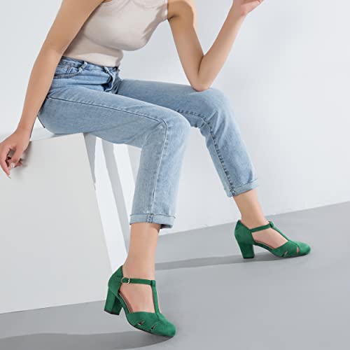Women's T-Strap Block Heel Pumps, Ankle Buckle Closure, Classic Cut Out Round Toe Dress Shoes Suede Green 41 - US 9 by Peijely - Used condition - Image 2