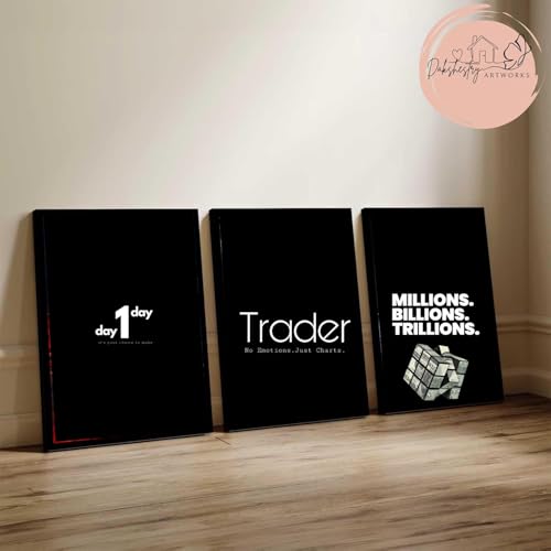 Image of DAKSHESTRY ARTWORKS Set of 3 Trader Motivational Wall Art Prints - Black Minimalist Finance Success Quote Framed Posters for Office Bedroom Home Decor (A4 8x12 Inch, Black Frame)