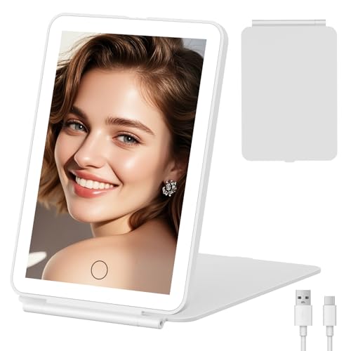 FUNTOUCH Rechargeable Travel Makeup Mirror with Light 2000mAh Portable Makeup Mirror with 3-Color Lighting Dimmable Touch Screen Tabletop LED Folding Cosmetic Compact Vanity Mirror