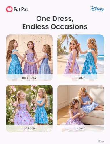 Image of Disney Princess Frozen Elsa Minnie Stitch Toddler Girl Dress Bow Tie Straps Smocked Summer Outfit Birthday Party Clothes 2-9Y