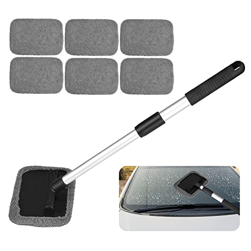 Retractable Car Windscreen Cleaner Tool Car Window Cleaner Inside Kit with 6pcs Washable Microfiber Cloth 180°Rotating Car Windshield Cleanning Wiper Car Glass Cleaner Brush for Auto SUV