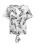 Romwe Women's Short Sleeve Tie Front Knot Casual Loose Fit Tee T-Shirt White Butterfly XL