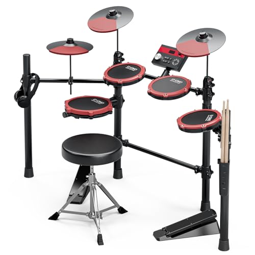 UMOMO Mesh Electronic Drum Set for Beginner, 7-Piece Electric Kit with 225 Sounds, 15 Kits, 3 X 10" Cymbals, 4 Mesh Pads, Supports Sensitivity Adjustment, Sticks, Headphones & Cables, Red & Black