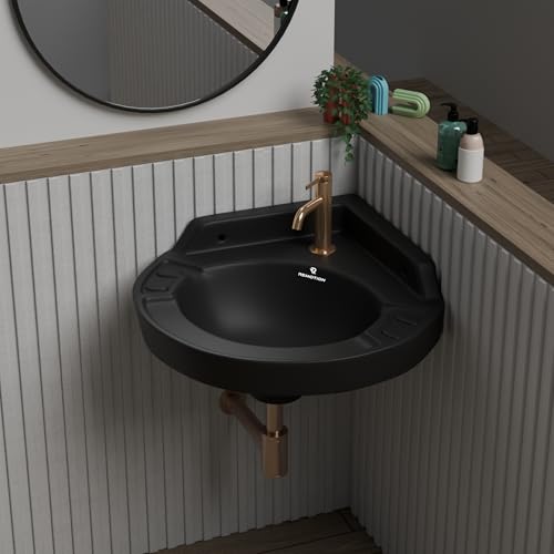 Image of REMOTION Ceramic Wall Hung Corner Wash Basin for Bathroom | Wall Mounted Corner Sink | Space-Saving, Durable & Stylish Design (17 x 15 x 7.5 Inch) (Black)
