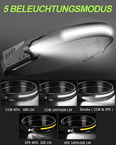 Stirnlampe LED Wiederaufladbar USB, Superheller 600 Lumen Kopflampe Stirnlampe, 230° Sensor Stirnlampe 5 Lichtmodi Leichte IPX4 Wasserdichte Stirnlampen, Perfekt Headlight für Joggen, Angeln, Laufen - Image 5