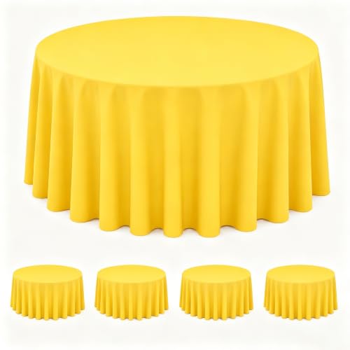 Image of WNINK 4 Pack Yellow Round Tablecloth, 84 Inch Disposable Plastic Table Covers, Yellow Round Table Cover for Birthday Parties, Holiday, Picnic, BBQ, Family Gathering Party Supplies