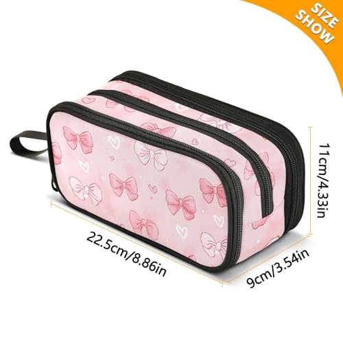 Image of ALAZA White Pink Bow Heart Pencil Case Large Capacity Pencil Pouch Box Boys Girls School Supplies Pen Case Bag with Handle 3 Compartments Zipper