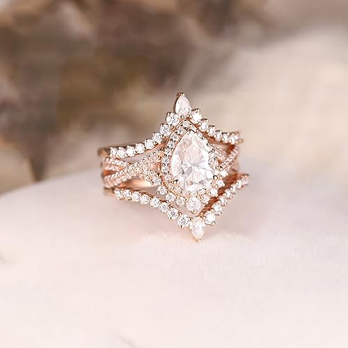 1.0 ct Moissanite Pear Shaped Halo Engagement Rings For Women Vintage 3 pcs Wedding Rings Set Unique Teardrop Twisted Bridal Set 925 Sterling Silver 10K 14K 18K Gold Promise Wedding Ring2
