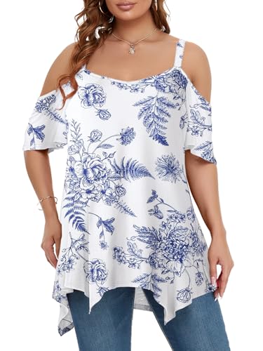 Image of LARACE Cold Shoulder Tops for Womens Summer Clothes Spaghetti Strape Tunic Oversized Shirts Asymmetrical Plus Size Blouse