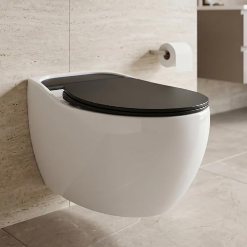 Image of B Backline Elite Ceramic Rimless Wall Hung Western Toilet /Water Closet /Commode /European Commode With Soft Close Toilet Seat Cover - P Trap 57 X 39 X 42 Cm (Black Matt White) (5 Years Warrenty)