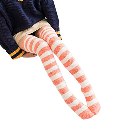 Hubei1 Women Over Knee Fuzzy Long Socks Coral Velvet Thigh High Stockings Candy Color Stripes Fluffy Plush Winter Leg Warmers