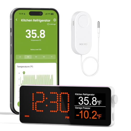 Image of MOCREO WiFi Refrigerator Thermometer, Remote Email & App Alert, 2 Years Data Export, 1 Smart Temperature Sensor Frezzer Alarm with Digital Monitor Hub for Home, Kitchen, Fridge