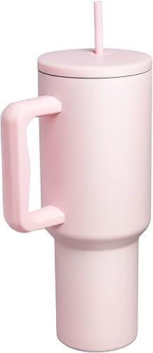Vaso de 40 onzas con asa y tapa con popote, botella de agua de acero inoxidable de doble vacío, taza aislada para agua, té helado o café, mantiene