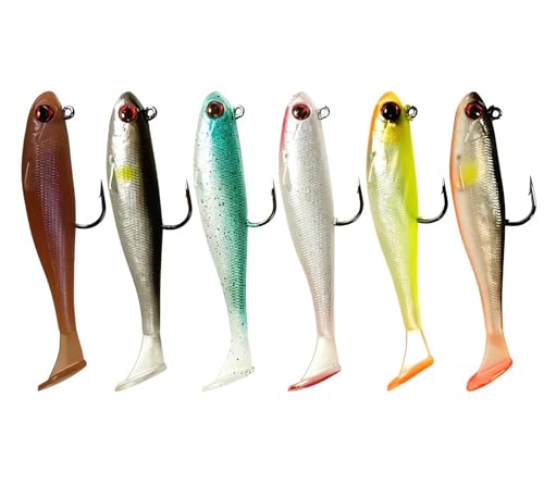 フック付き 1:50 ワーム超耐久性TPE製のルアー 精良な工芸 本物そっくりのエビ/ザリガニ/シャッド型ルアー 草掛かりしにくくて シーバス トラウト 青物 サワラその他各種の魚に適用 海水・淡水適用 別々に保管し (6匹の魚)