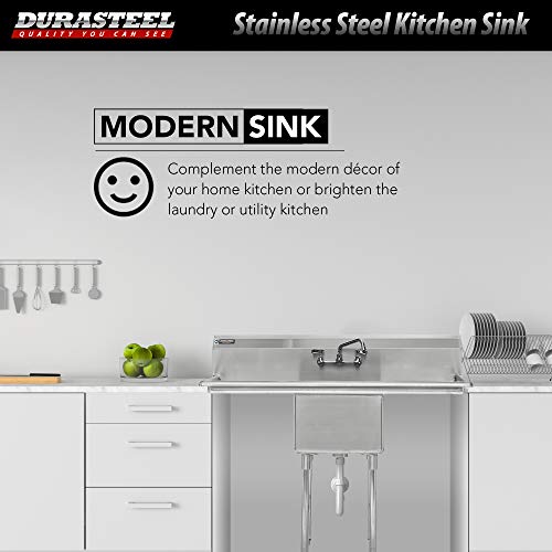 Stainless Steel Kitchen Sink With Faucet - Durasteel 1 Compartment Commercial Utility Sink W/Double Drainboards -18" X 18" X 12" Bowl Size - For Restaurant, Laundry, Garage & Backyard - Nsf Certified #TOP6